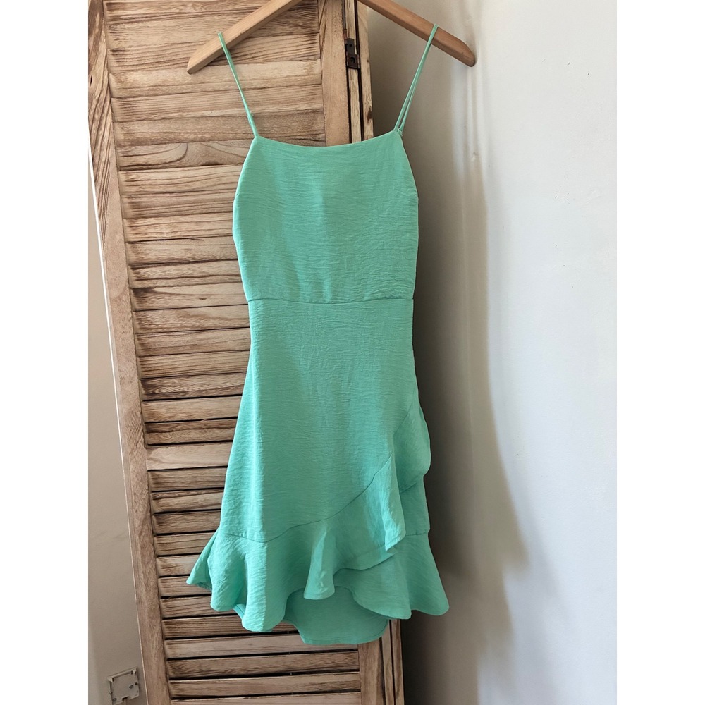 Mint Green Ruffle Hem Mini Dress Tie Back Cutout Spaghetti Strap Small